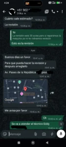 Clientes enviando ubicación por WhatsApp para coordinar servicio técnico de refrigeradoras y lavadoras en Lima.