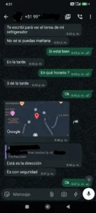 Mensajes de WhatsApp de clientes solicitando revisión y reparación de electrodomésticos a domicilio en Lima.