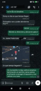 Solicitudes reales por WhatsApp para reparación de lavadoras y refrigeradoras a domicilio en Lima y Callao.