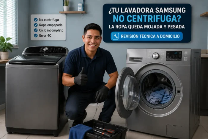 Técnico revisando lavadora Samsung que no centrifuga con ropa mojada y ciclo incompleto