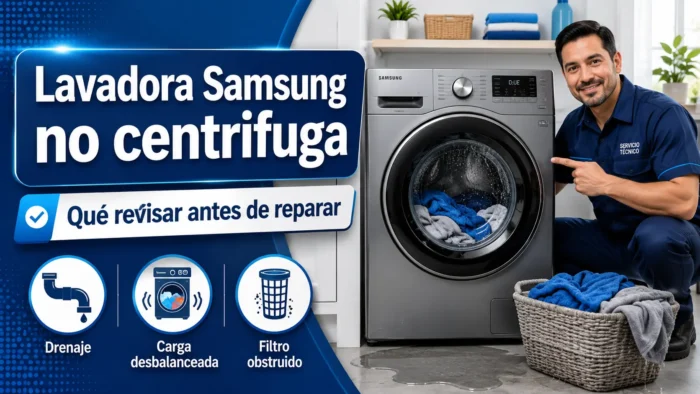 Imagen destacada sobre lavadora Samsung no centrifuga, con técnico revisando el equipo, ropa mojada, problemas de drenaje, carga desbalanceada y filtro obstruido.