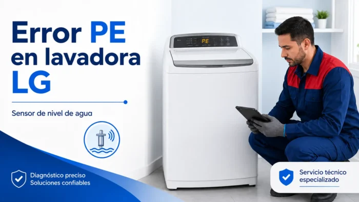 Lavadora LG de tapa superior con error PE y técnico revisando falla del sensor de nivel de agua